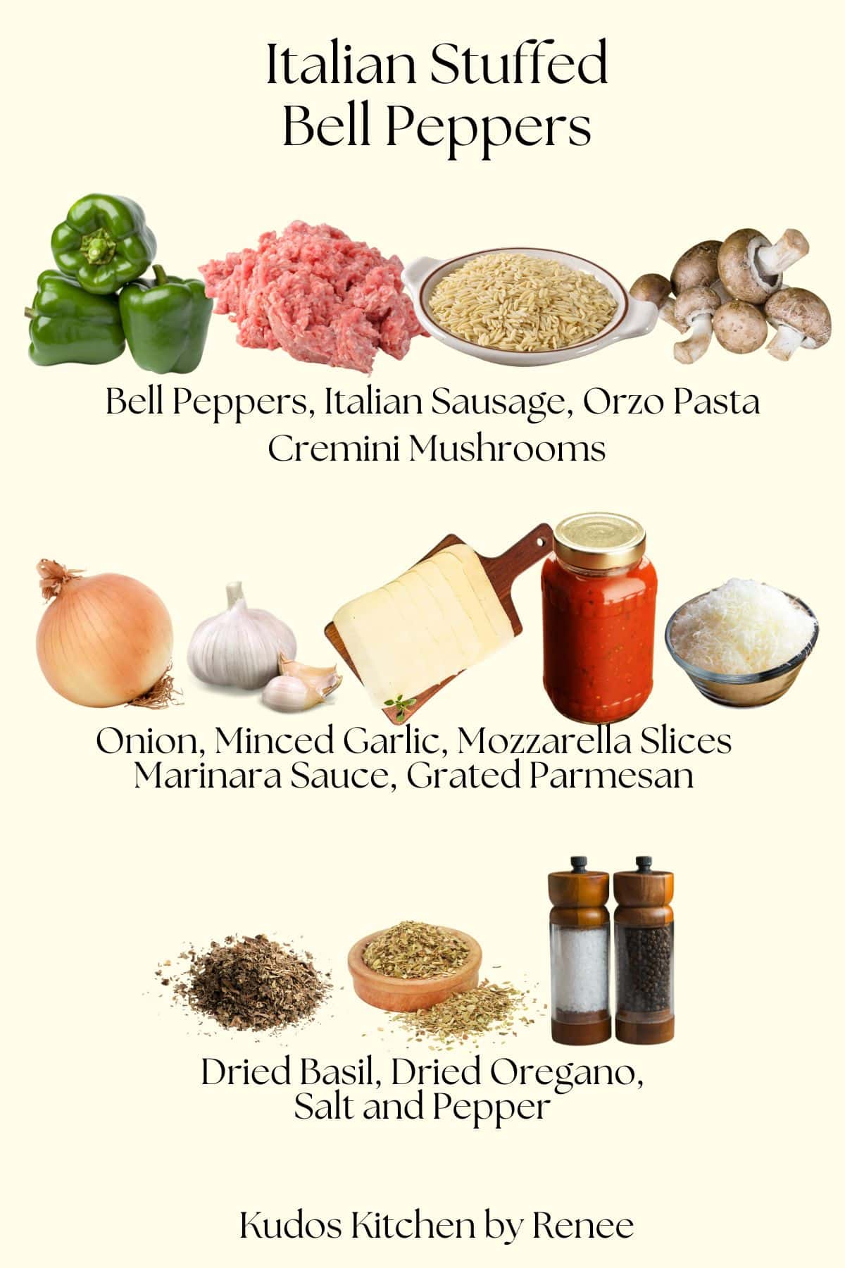 A visual ingredient list for making Italian Stuffed Bell Peppers.