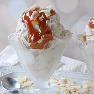 Caramel sauce on top of a dish or no-churn banana caramel coconut ice cream.