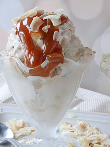 Caramel sauce on top of a dish or no-churn banana caramel coconut ice cream.
