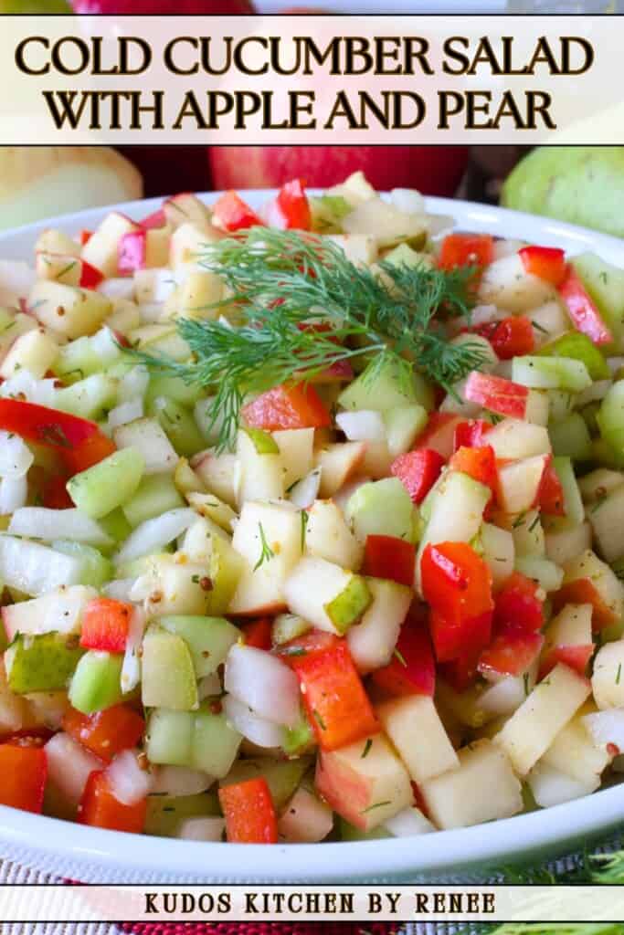 A Pinterest pin along with a title text for Cold Cucumber Salad with apple and pear.