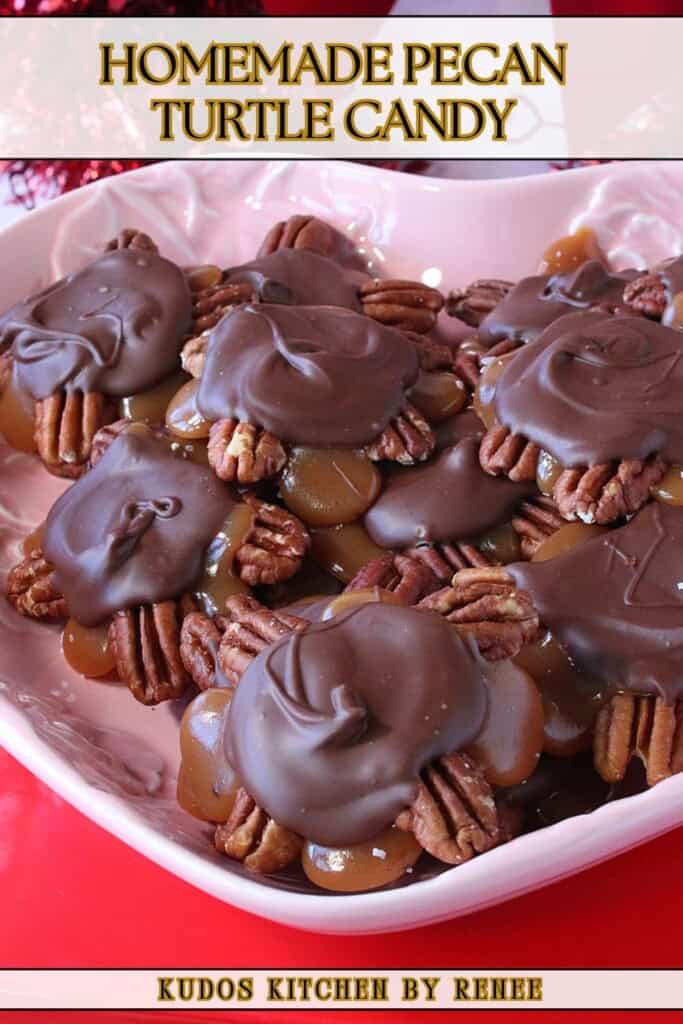 A Pinterest pin for Homemade Pecan Turtle Candy along with a title text.
