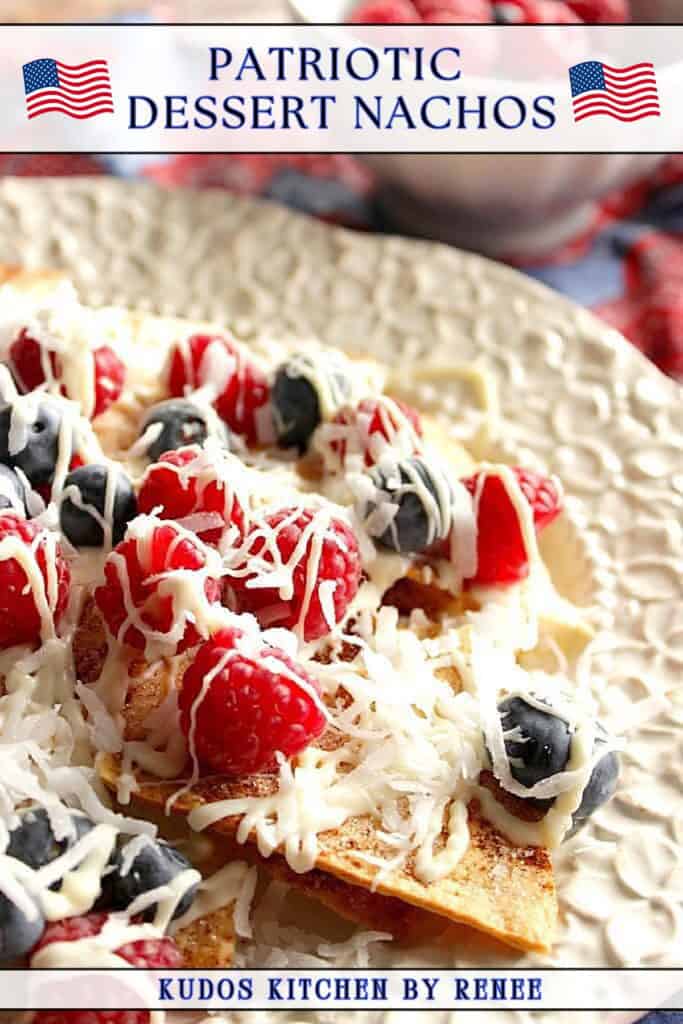 A Pinterest pin with a title text for Patriotic Cinnamon Sugar Dessert Nachos.