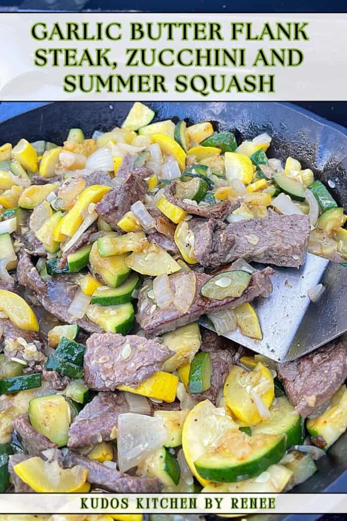 A Pinterest pin for Garlic Butter Flank Steak along with a title text.