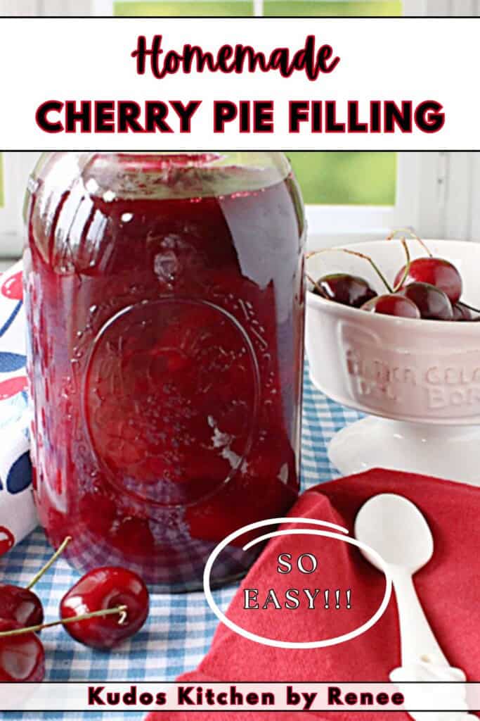 A Pinterest pin of a glass mason jar filled with homemade cherry pie filling.