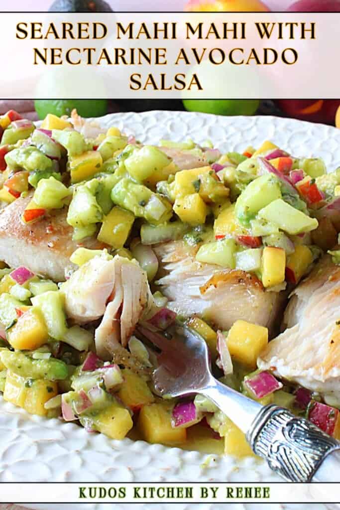 A Pinterest pin image for mahi mahi with nectarine salsa along with a title text overlay.