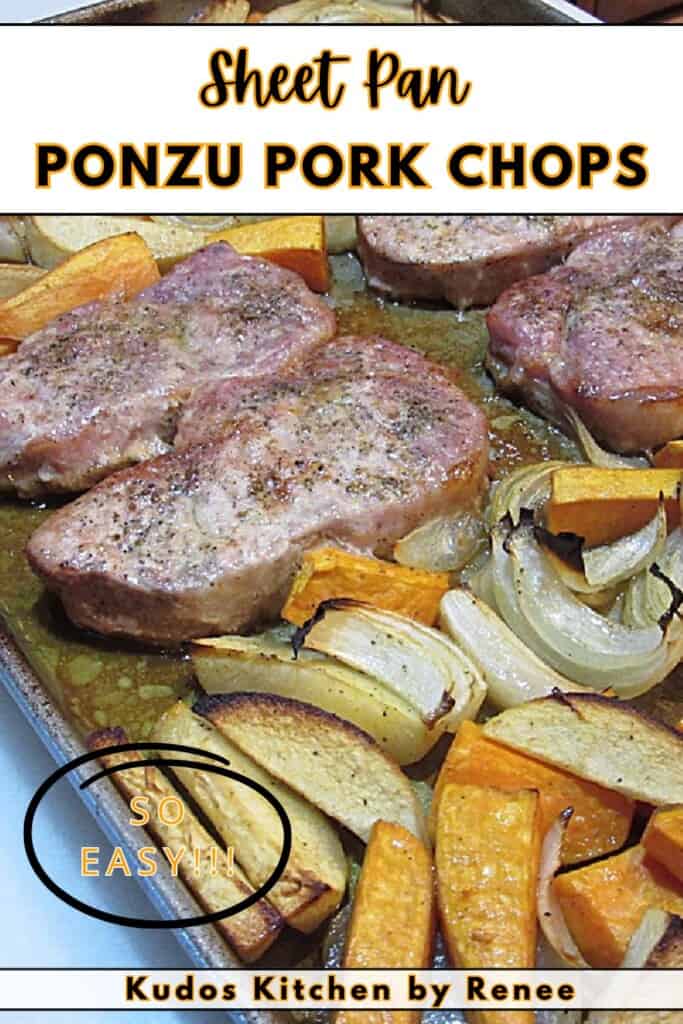 A Pinterest pin for sheet pan ponzu pork chops along with a title text.
