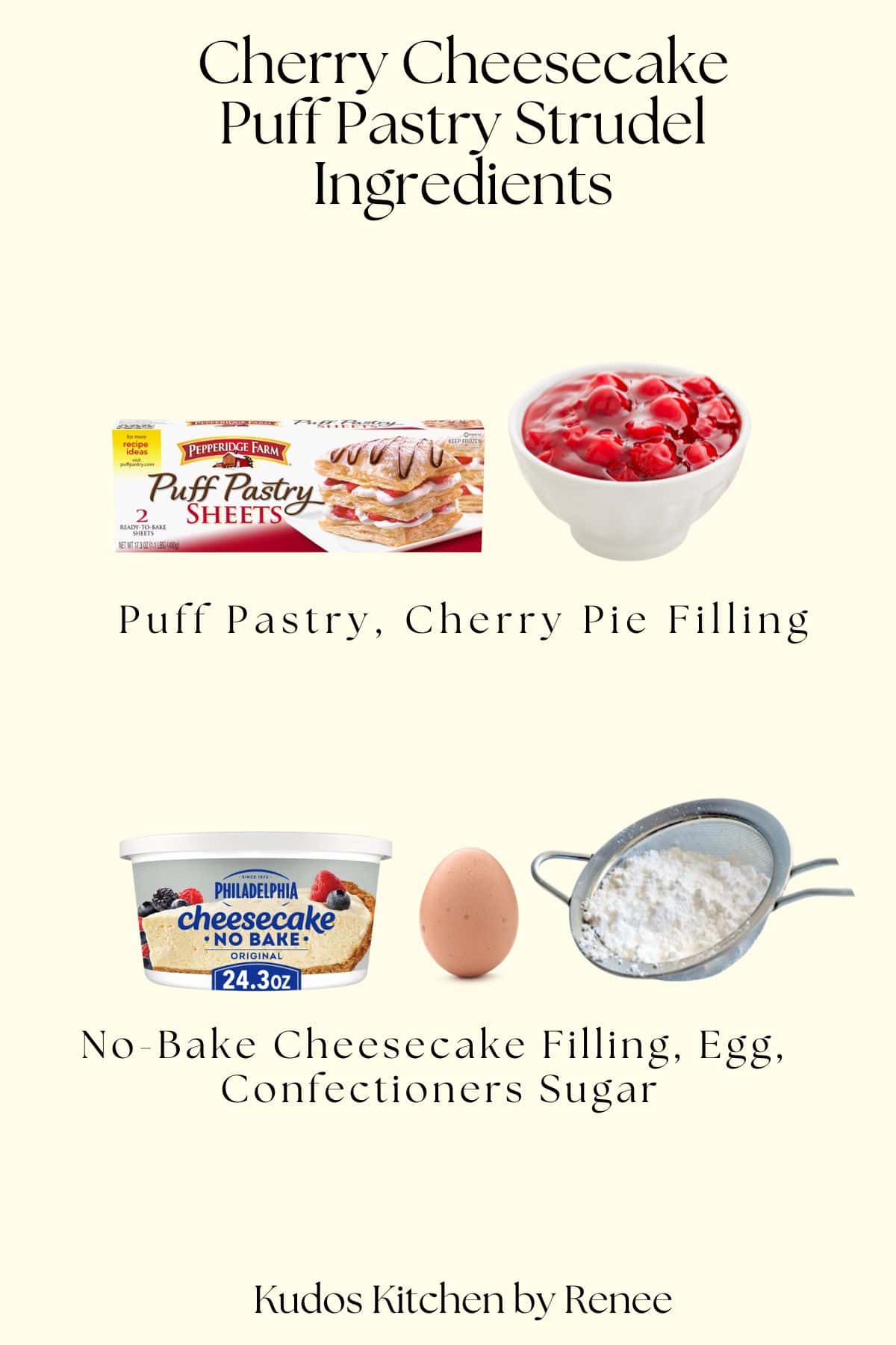 A visual ingredient list for making cherry cheesecake puff pastry strudel.