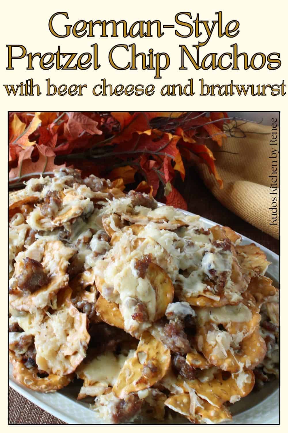 A Pinterest pin image for pretzel chip nachos along with a title text.