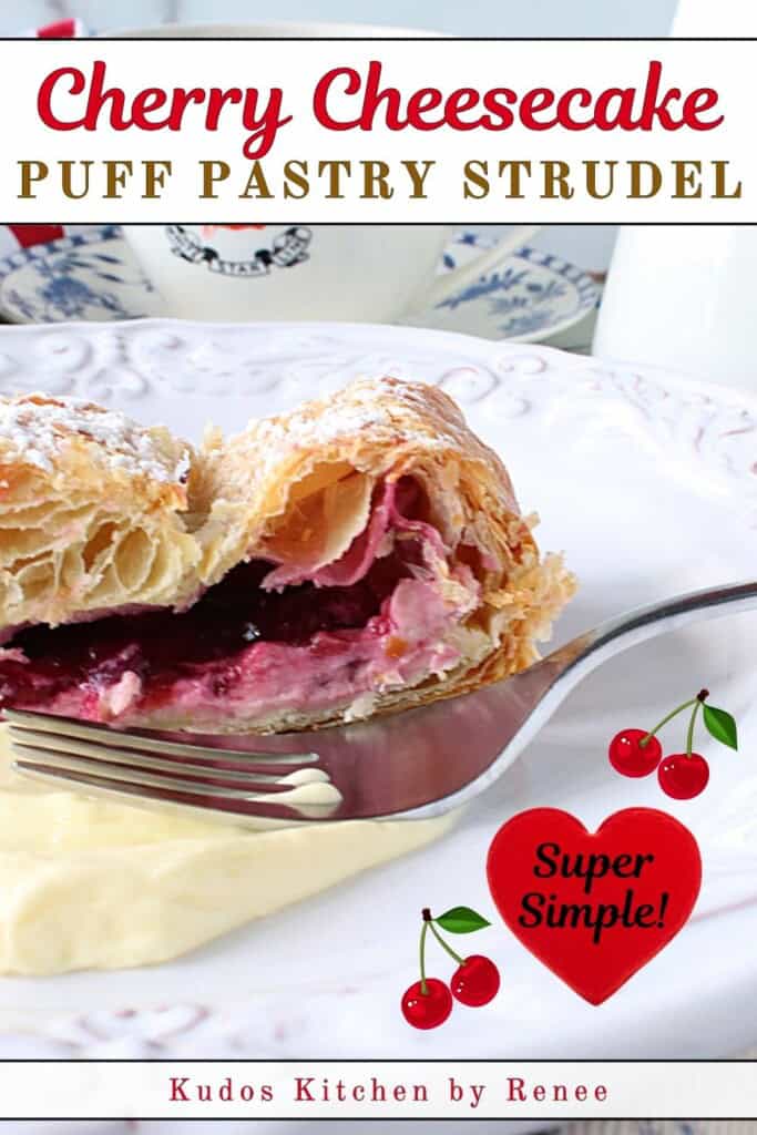 A Pinterest pin with a title test for Cherry Cheesecake Strudel.
