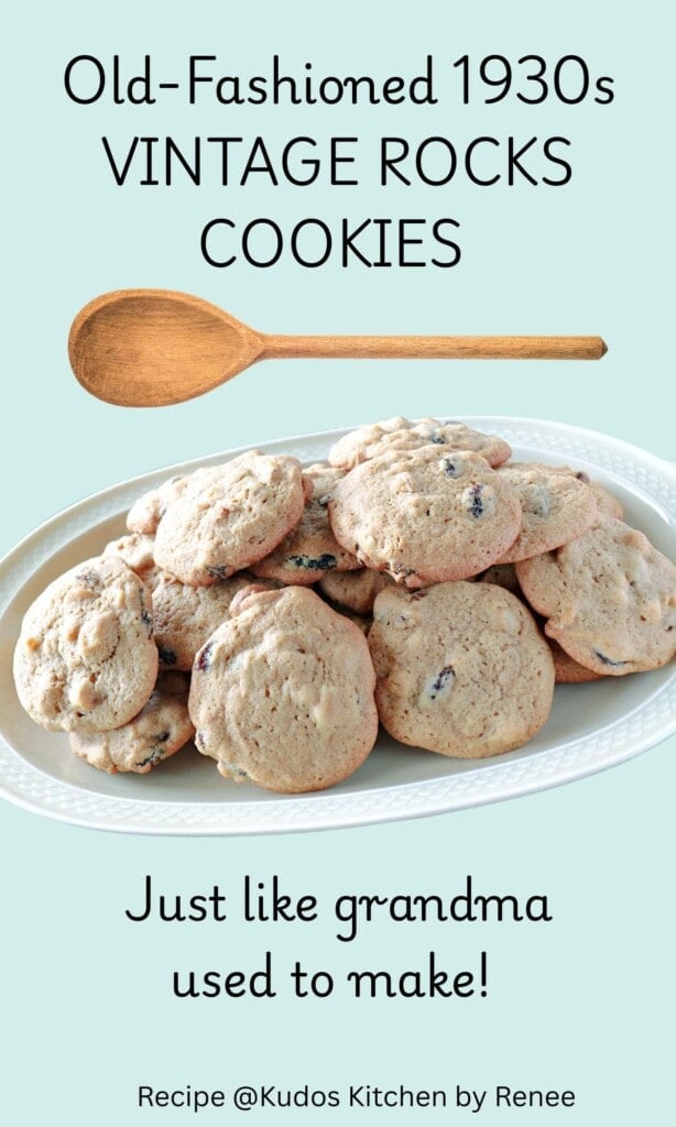 A Pinterest pin with a title text and image for Old-Fashioned 1930s vintage rocks cookies.