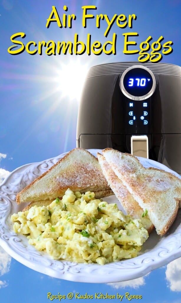 A Pinterest pin for air fryer scrambled eggs with a sunshine background.