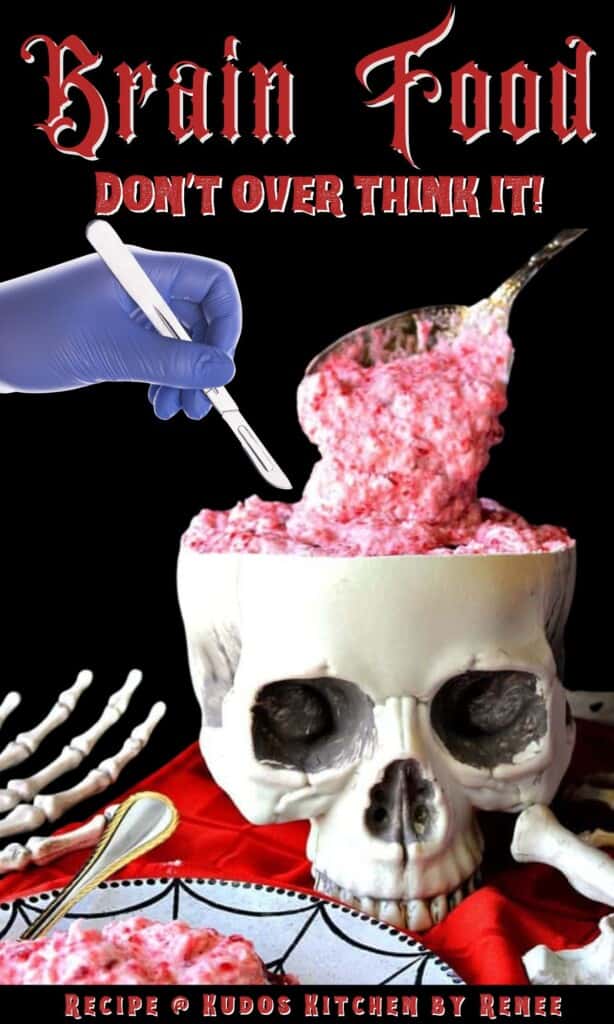 A fun Halloween Pinterest pin for Brain Food Jello along with a title text graphic.