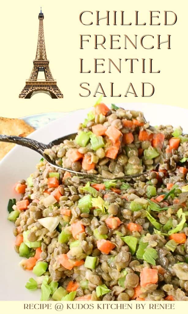 A Pinterest pin for chilled French lentil salad with carrots and celery.