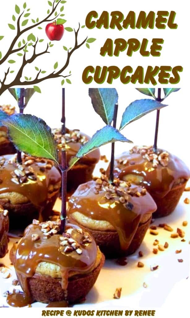 A Pinterest pin for caramel apple cupcakes with a title text and a cute tree graphic.