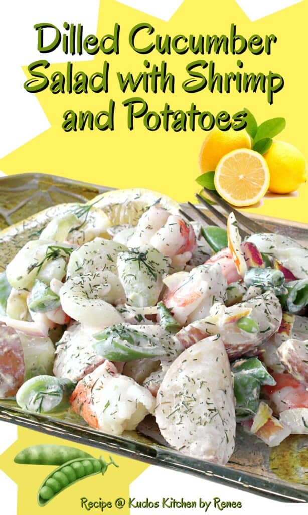 A Pinterest image for dilled cucumber salad with shrimp and potatoes along with yellow star burst shapes.