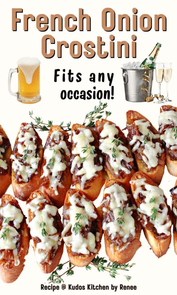 A Pinterest pin for French onion crostini along with a title text and graphics.