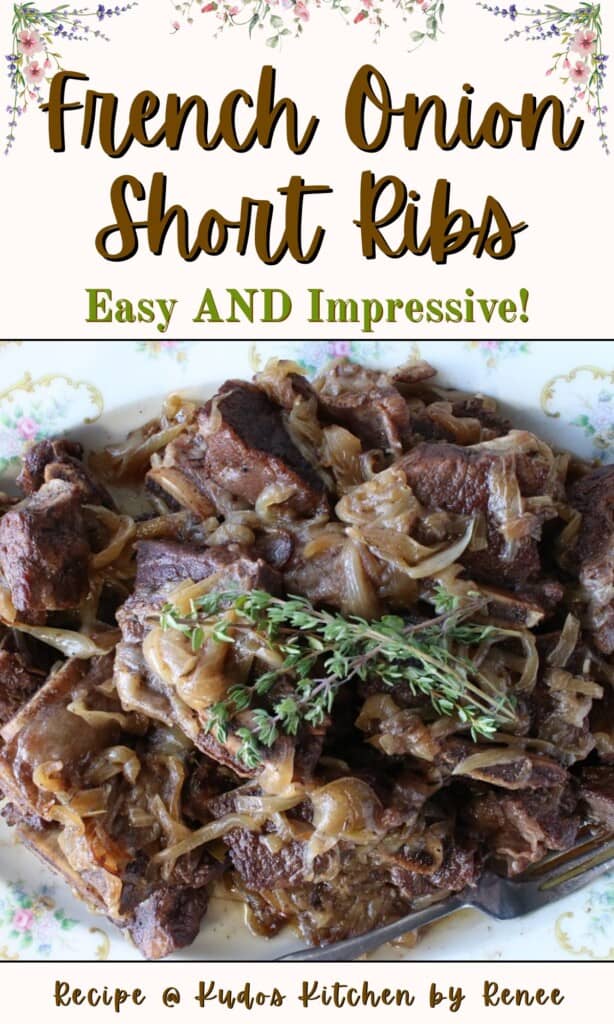 A pretty Pinterest pin for French Onion Short Ribs with title text and flower graphics.