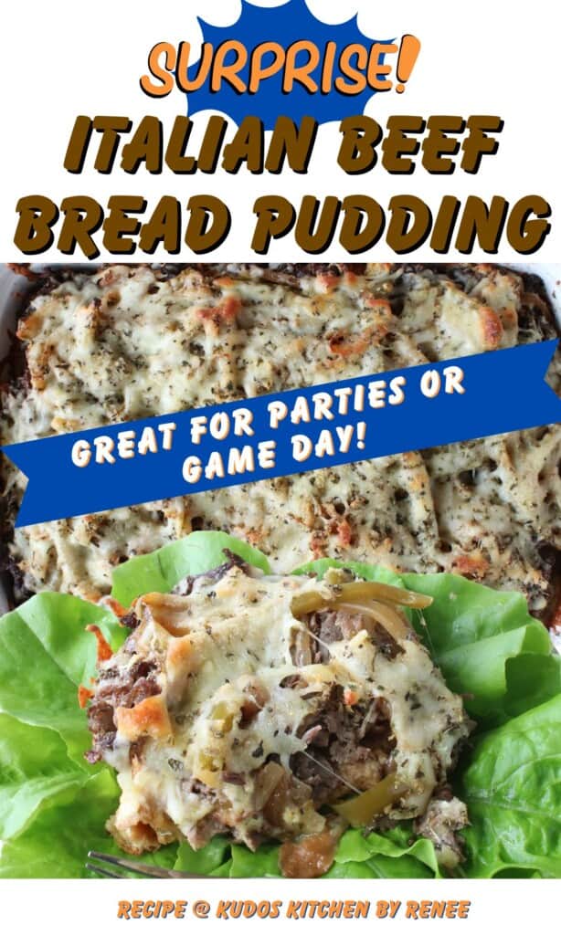A Pinterest pin for Italian Beef Bread Pudding with a title text graphic.