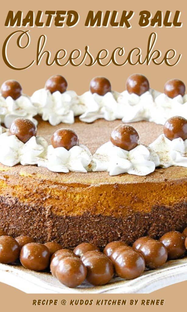 A luscious looking Malted Milk Ball Cheesecake on a platter with pretty whipped cream piping.