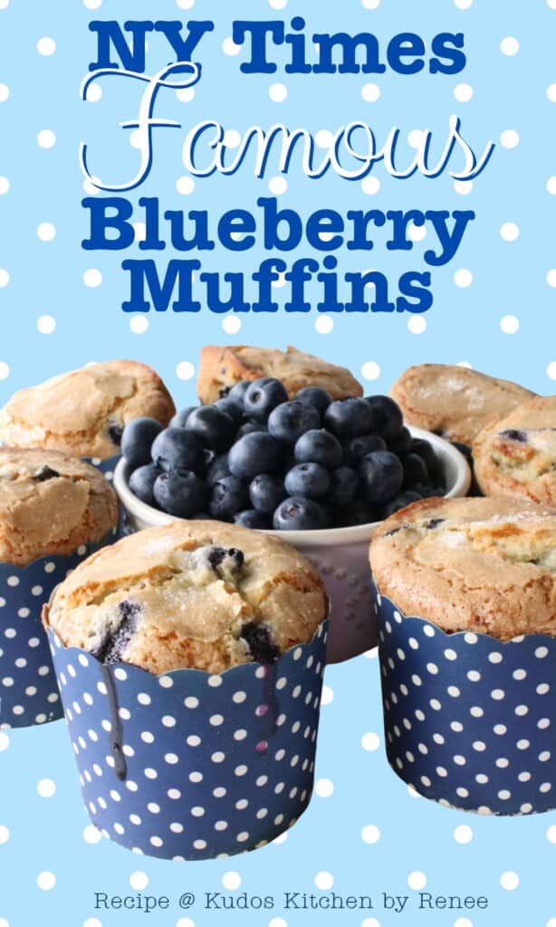 A blue and white polka dot Pinterest design for NY Times Blueberry Muffins.