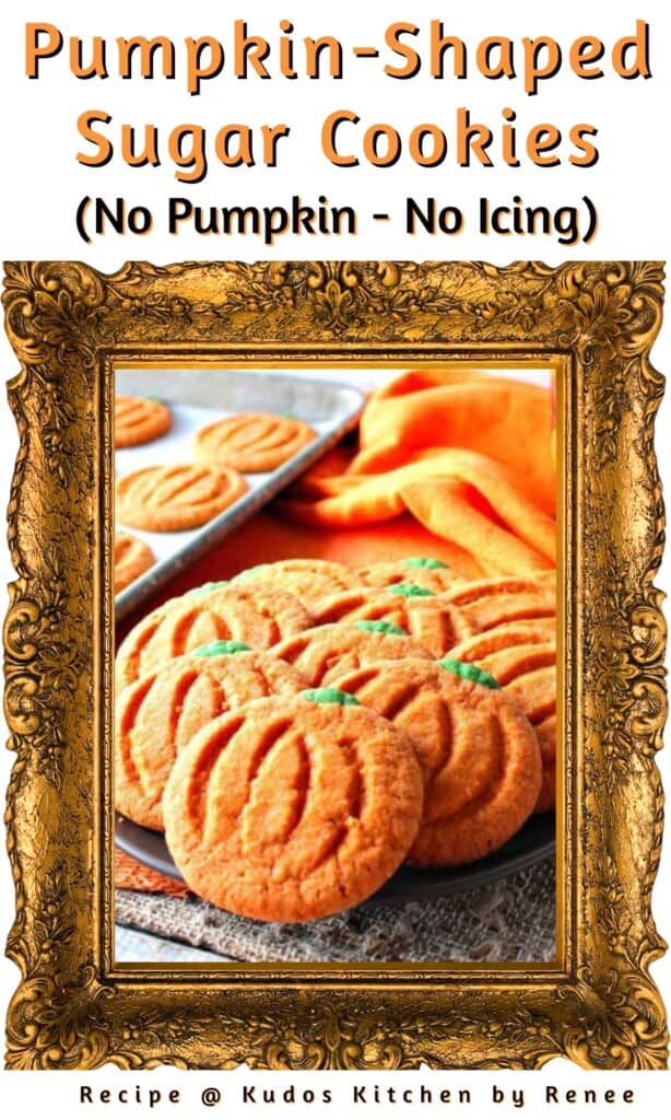 A framed Pinterest pin for Pumpkin Shaped Sugar Cookies along with a title text.