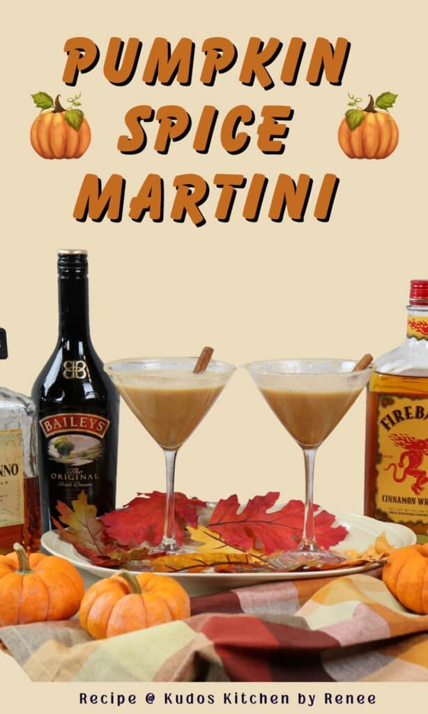An autumnal looking Pinterest pin for Pumpkin Spice Martinis along with a title text.