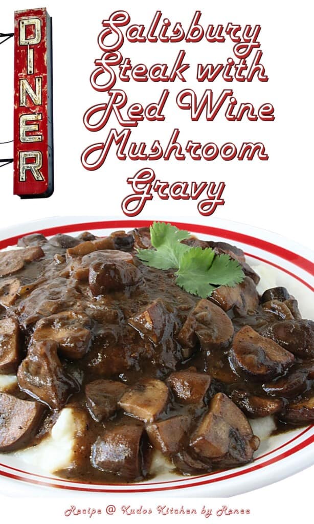 A Pinterest pin with a diner feel for Salisbury Steak on a red banded plate.