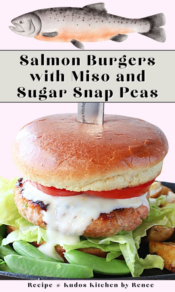 A Pinterest pin for Salmon Burgers with a salmon graphic and a title text.