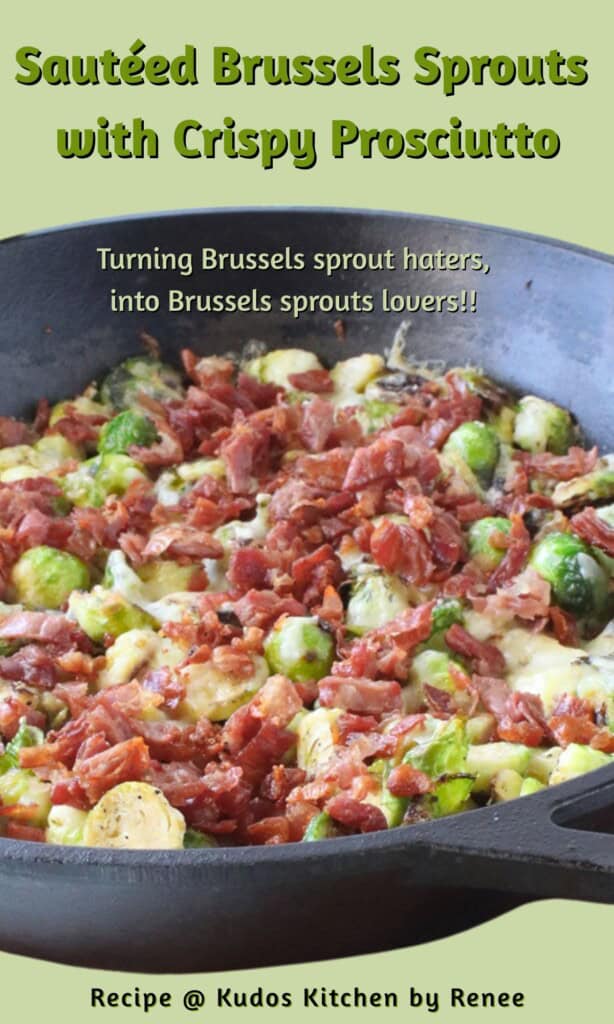 A Pinterest pin with Brussels sprouts in a cast iron pan covered with prosciutto and melted cheese.