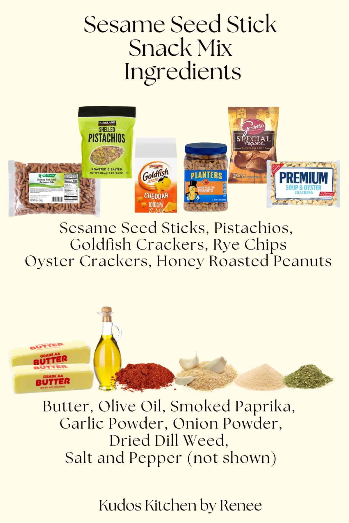 A visual ingredient list for making sweet and salty sesame seed stick snack mix.