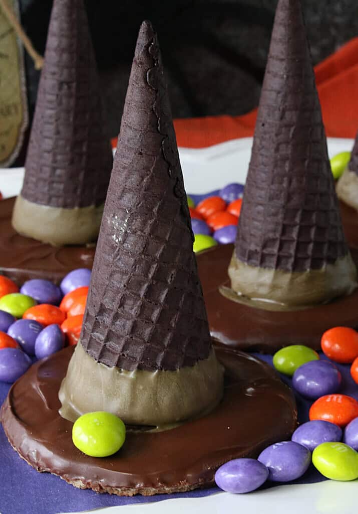 Oreo sugar cones made into fun witch hat candy.