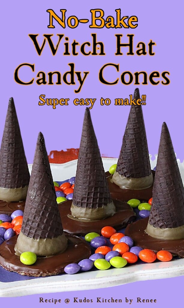A Pinterest pin for Witch Hat Candy Cones on a purple background with orange and black text.