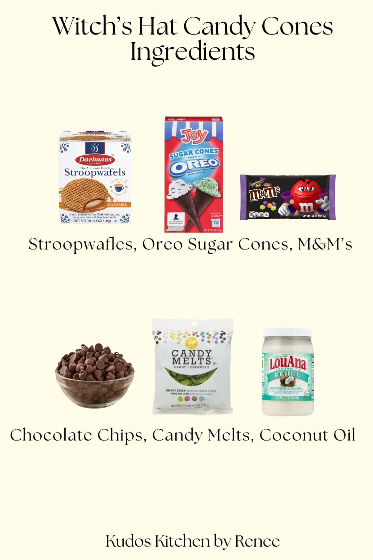 A visual ingredient list for making Witch's Hat Candy Cone treats.