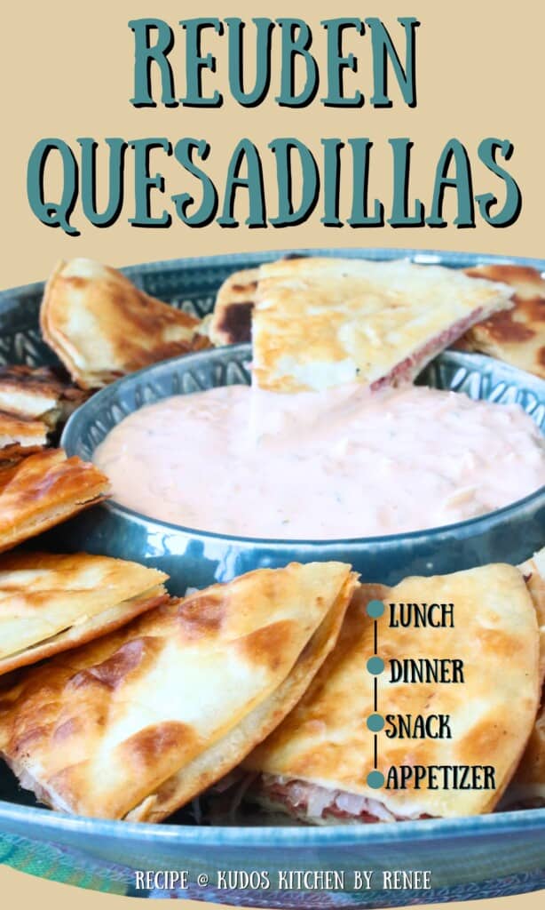 A Pinterest pin for Reuben Quesadillas with corned beef and Swiss cheese along with a title text.
