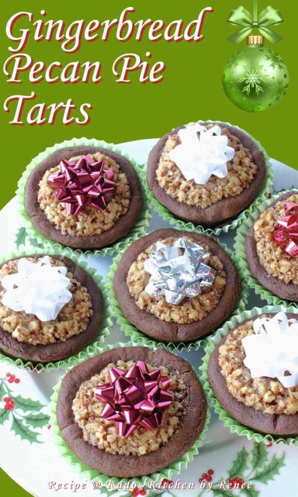 A Christmas Pinterest pin for Gingerbread Pecan Pie Tarts.