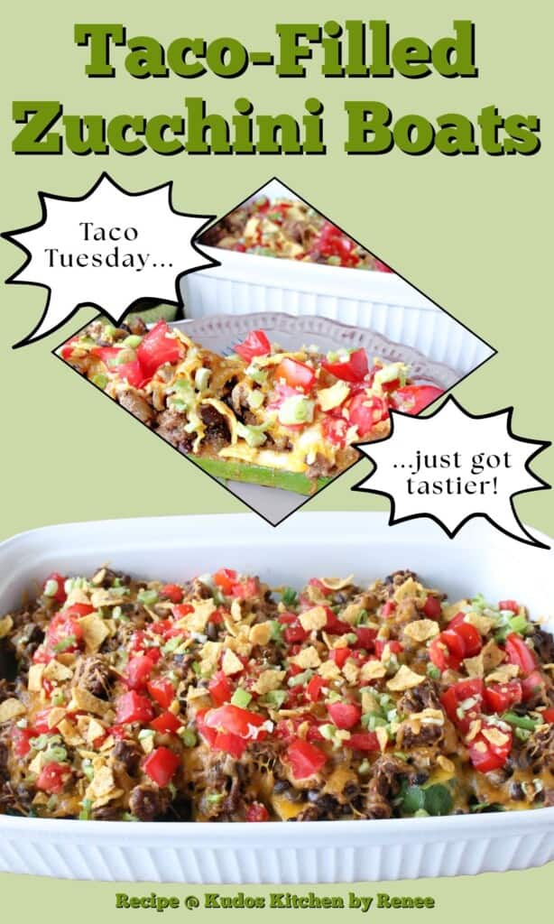 A two image Pinterest collage for Taco-Filled Zucchini Boats along with a title text graphic in green.