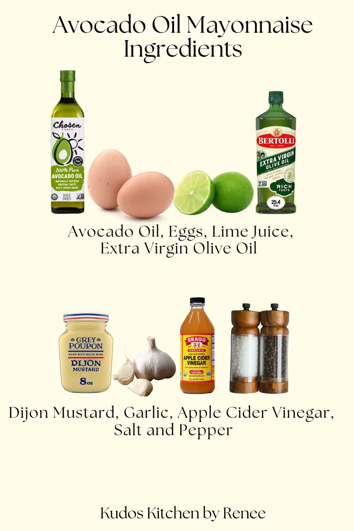 A visual ingredient list for making Avocado Oil Mayonnaise.