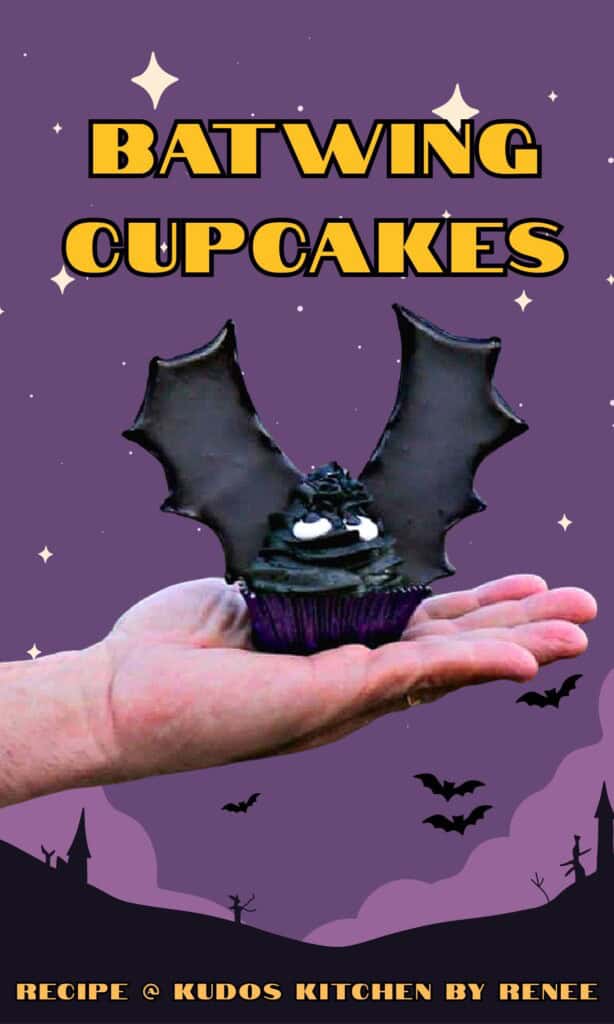 A Halloween Pinterest pin for batwing cupcakes with a spooky batty background and a title text.