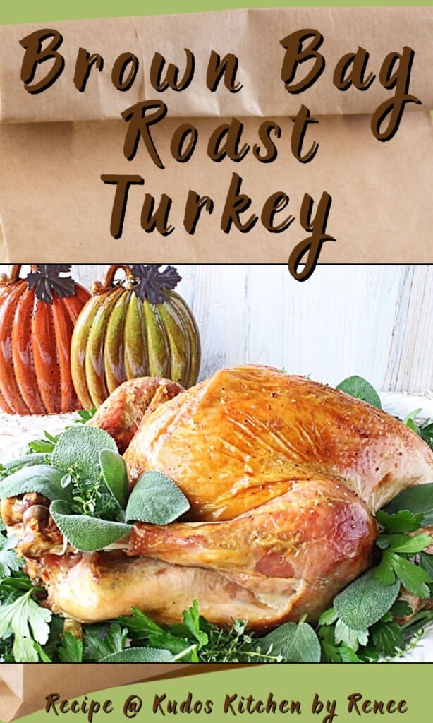 A Pinterest pin for a brown bag roast turkey with a beautifully golden turkey and a title text.