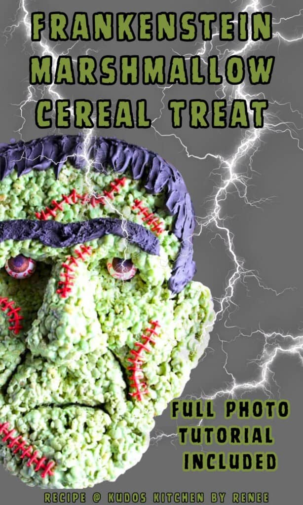 A Frankenstein marshmallow cereal treat Pinterest pin with lightening bolts and title text.