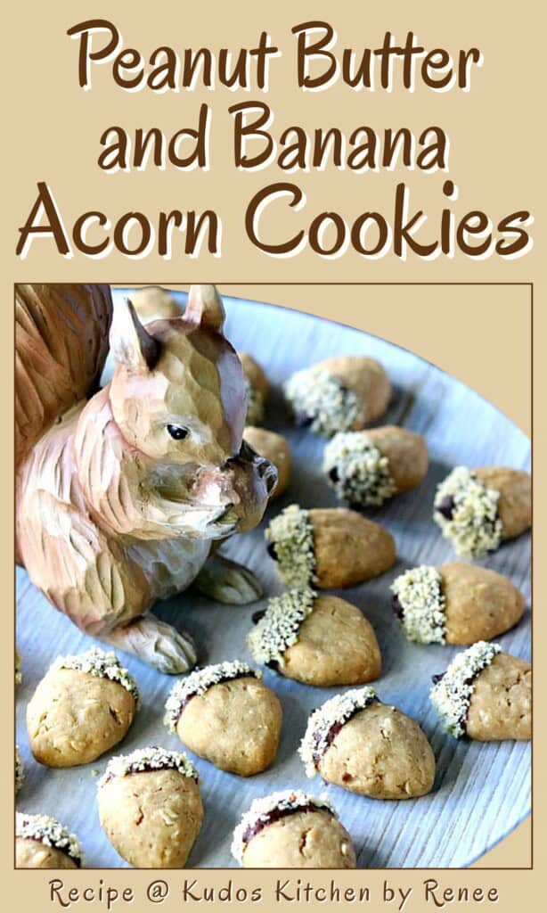 A cute Pinterest pin for peanut butter and banana acorn cookies with a squirrel statute and a title text.