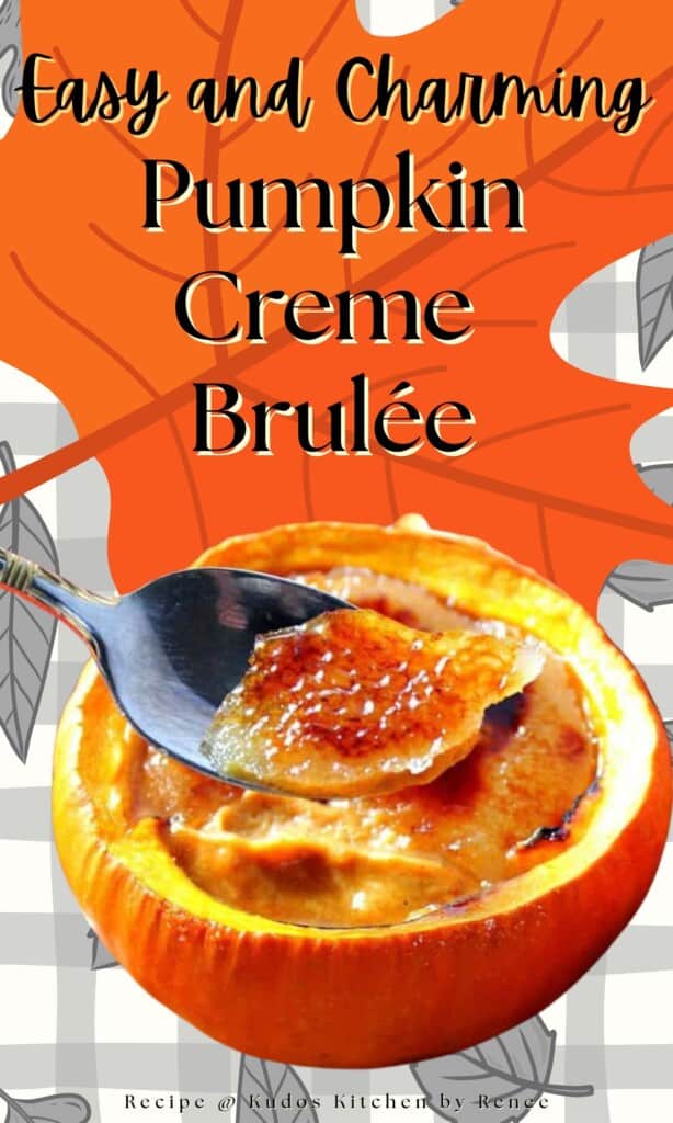 A Pinterest pin for Pumpkin Creme Brulé along with a check background and a title text.
