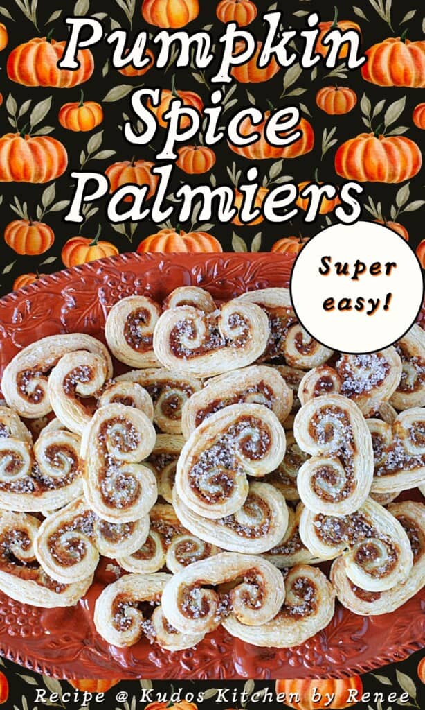 A Pinterest pin for Pumpkin Spice Palmiers along with a pumpkin background and a title text.
