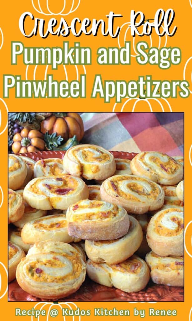 A bunch of pumpkin and sage pinwheel appetizers stacked on a platter.