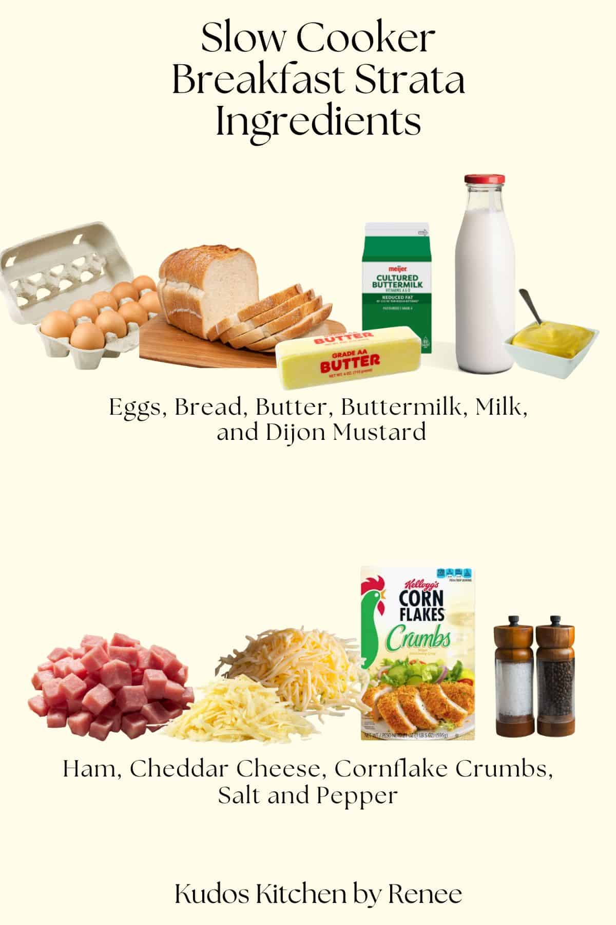 A visual ingredient list for making Slow Cooker Breakfast Strata.