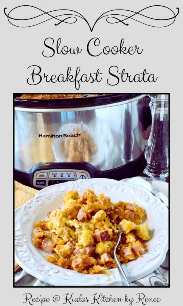 A Pinterest image with a swirly script for a Slow Cooker Breakfast Strata.