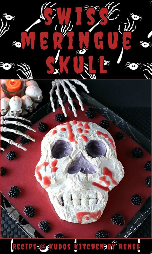 A black and red Pinterest pin for a Swiss Meringue Skull with a title text.