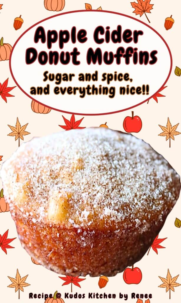 A Pinterest pin image for apple cider donut muffins with cinnamon sugar along with a fall background.