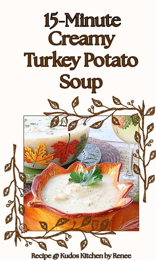 A Pinterest pin for Creamy Turkey Potato Soup recipe along with a title text.