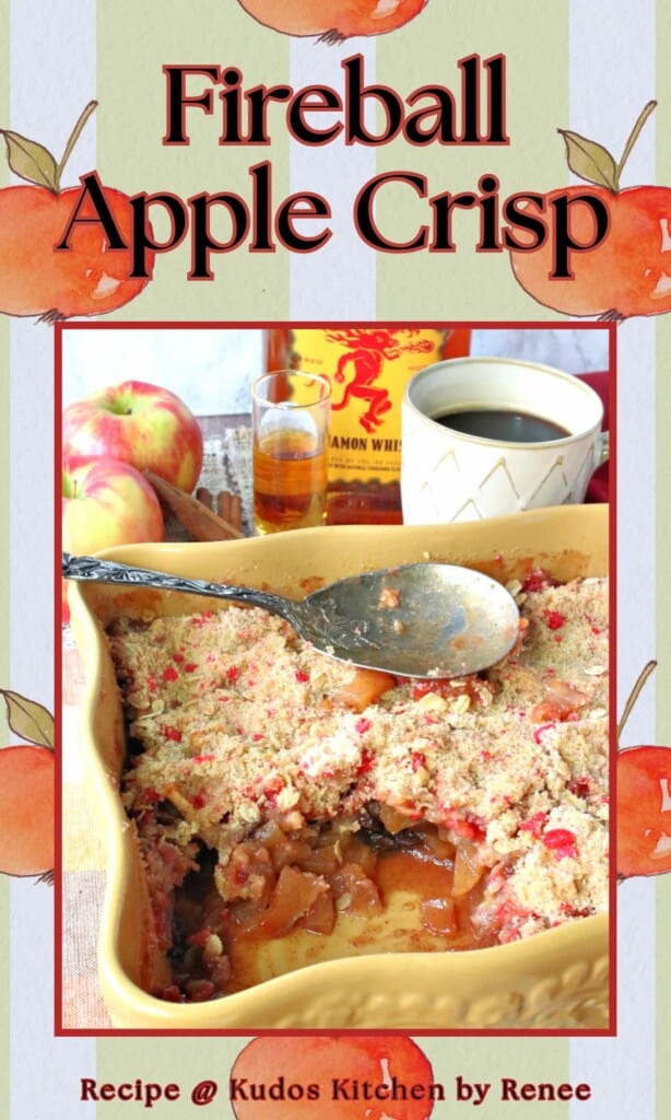 A Pinterest pin for Fireball Apple Crisp along with a title text and apple stripe background.